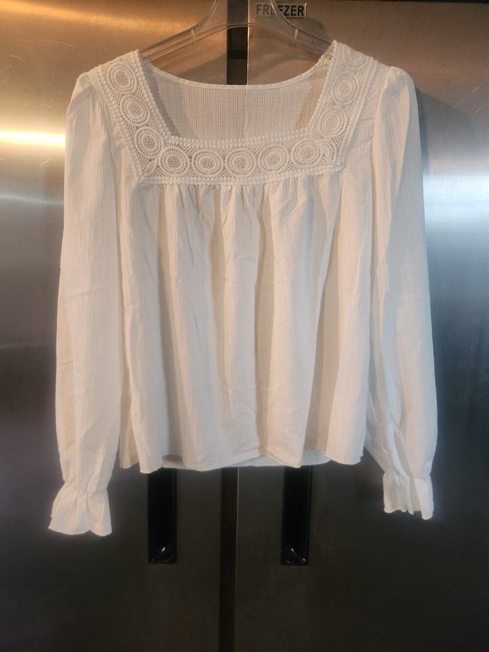 Boho Peasant Blouse Women's Size XL Cream Crochet Lace Square Neck Long Sleeve
